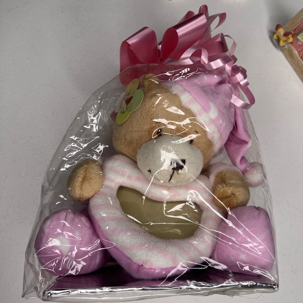 Plush teddy bear picture frame in pink pajamas